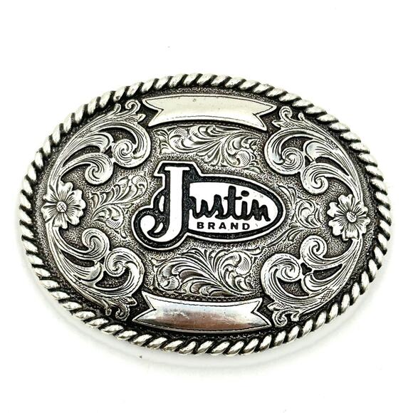 Justin Brand Western Belt Buckle 4'' x 3" Silver Color Floral Rodeo - Picture 6 of 6